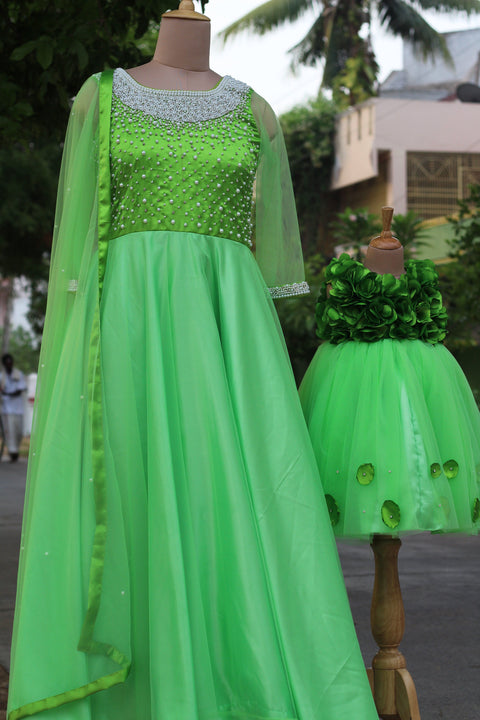 Pre-Order: Light Green Gown With Pearl Detailed Yoke.