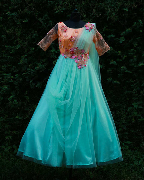 Pre-Order: Pestle Aqua Blue  Saree Gown With Peach Embroidery Yoke