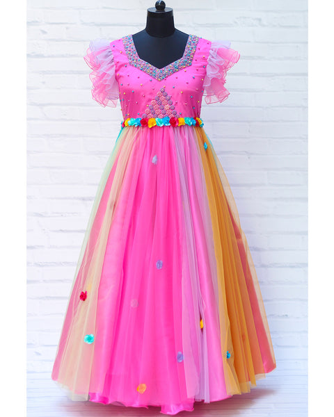 Pre-Order: Multi Color Gown with Heavy Beaded Pink Yoke
