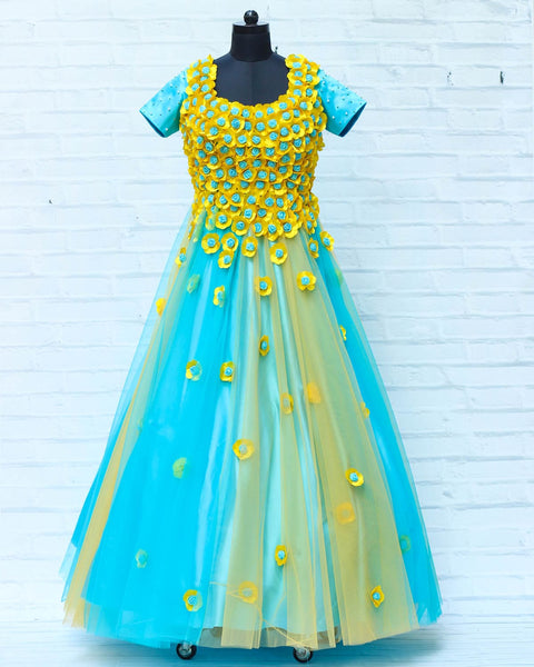 Pre-Order: Yellow and Sky-Blue Combo Flower Gown