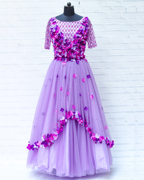 Pre-Order: Lavender And Purple Petal Rich Hand Worked Gown