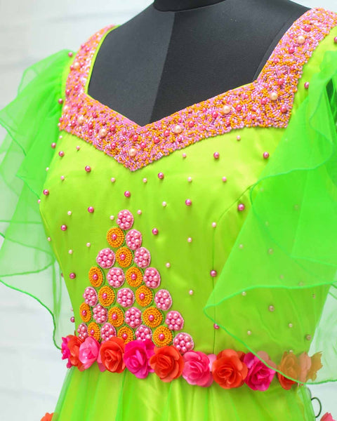 Pre-Order: Bright Parrot Green Gown With Heavy Beaded Yoke