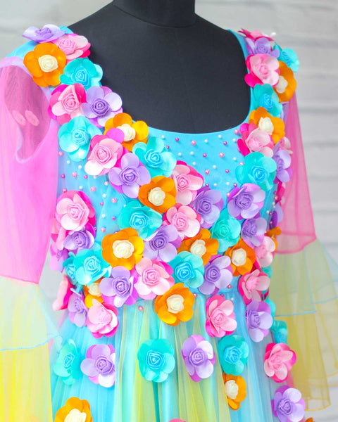 Pre-Order: Light Multi Candy Shade Gown With Scattered Matching Flower Embellishment
