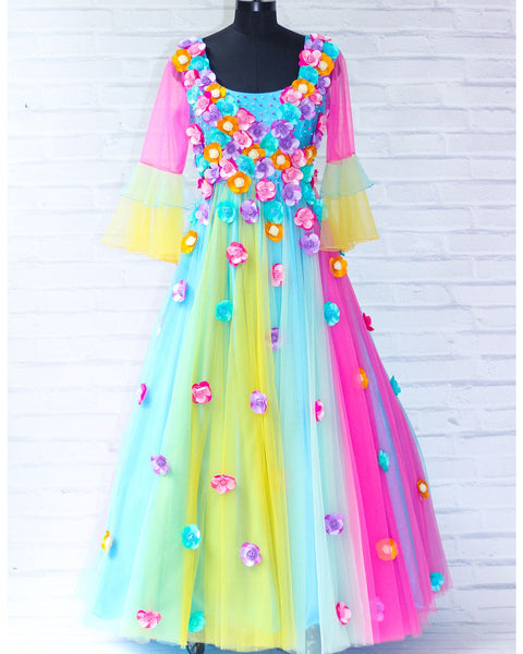 Pre-Order: Light Multi Candy Shade Gown With Scattered Matching Flower Embellishment