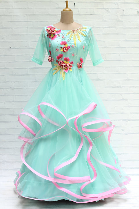 Pre-Order: Pale Aqua Blue Twirled Long Gown with Pink and Yellow Hand-Crafted Flower and Detailing