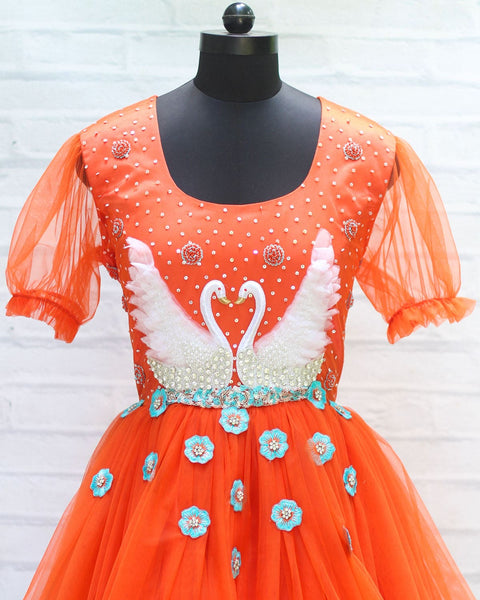 Pre-Order: Tangerine Orange and Aqua Blue Colour Gradient Gown with Hand Crafted Swan and  Flowers