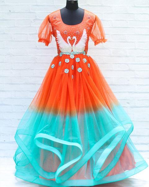 Pre-Order: Tangerine Orange and Aqua Blue Colour Gradient Gown with Hand Crafted Swan and  Flowers