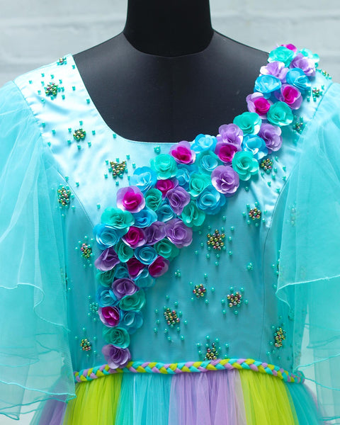 Pre-Order: Sky Blue And Green Flower Gown With Multicolor Flowers And Butterflies