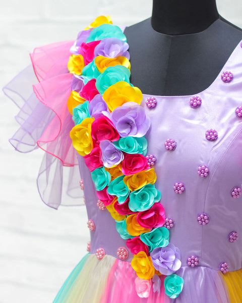Pre-Order: Multi Color Gown with Handcrafted Flowers and Bead Work on Lavender Yoke