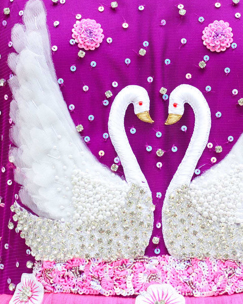 Pre-Order: Pink And Purple Colour Gradient Gown With Hand Crafted Swan And Flowers