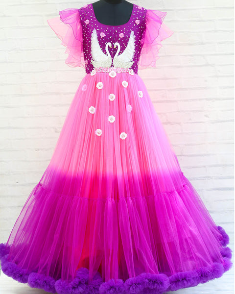 Pre-Order: Pink And Purple Colour Gradient Gown With Hand Crafted Swan And Flowers