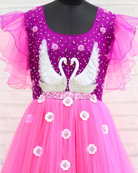 Pre-Order: Pink And Purple Colour Gradient Gown With Hand Crafted Swan And Flowers