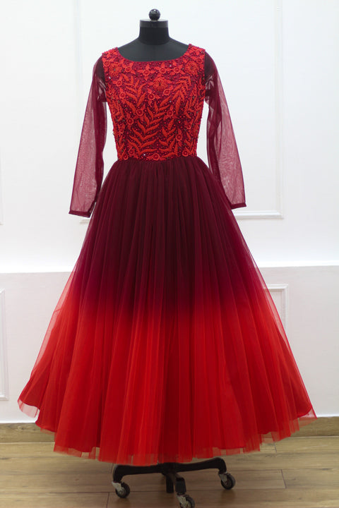 Pre-Order: Red and maroon ombre shaded designer gown with applique flowers and bead work