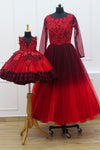 Pre-Order: Red and maroon ombre shaded designer gown with applique flowers and bead work