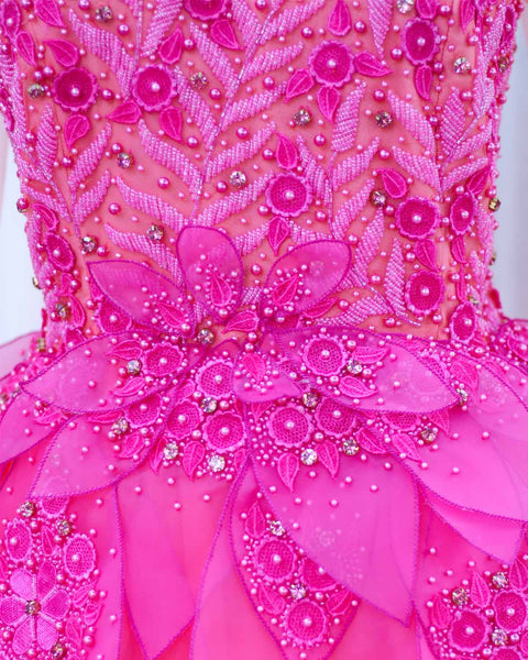 Pre-Order: Coral and fuchsia pink designer gown with applique flowers and bead work detailing