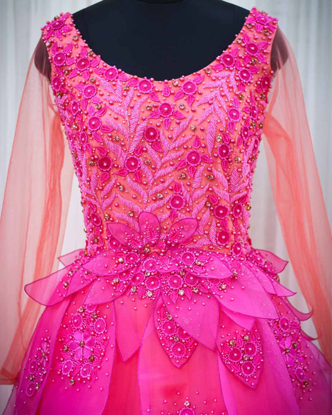 Pre-Order: Coral and fuchsia pink designer gown with applique flowers and bead work detailing
