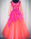 Pre-Order: Coral and fuchsia pink designer gown with applique flowers and bead work detailing