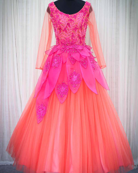 Pre-Order: Coral and fuchsia pink designer gown with applique flowers and bead work detailing