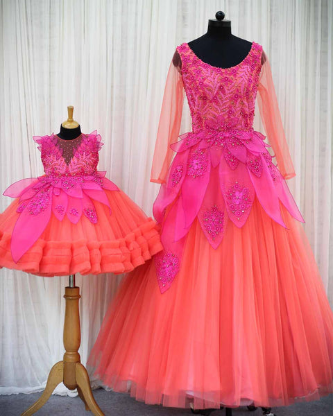 Pre-Order: Coral and fuchsia pink designer gown with applique flowers and bead work detailing