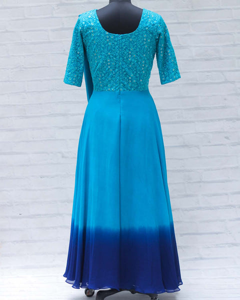 Pre-Order: Sea blue and Royal blue colour gradient georgette draped gown