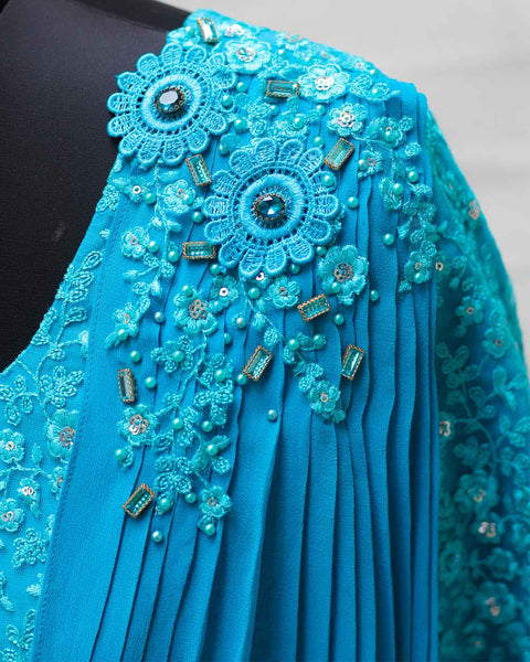 Pre-Order: Sea blue and Royal blue colour gradient georgette draped gown