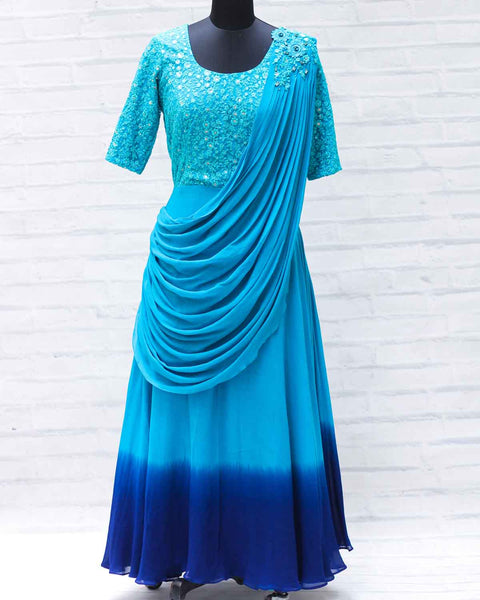 Pre-Order: Sea blue and Royal blue colour gradient georgette draped gown
