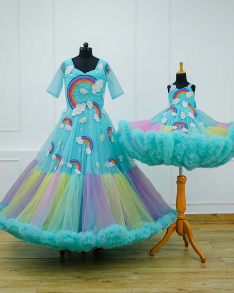 Pre-Order: Light aqua blue Rainbow theme heavy beaded frill gown