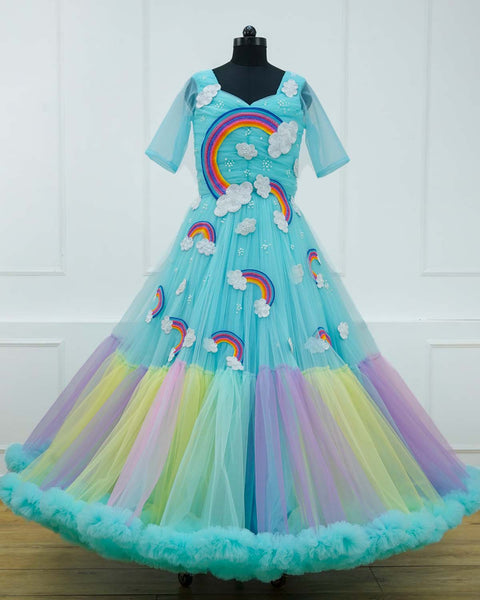 Pre-Order: Light aqua blue Rainbow theme heavy beaded frill gown