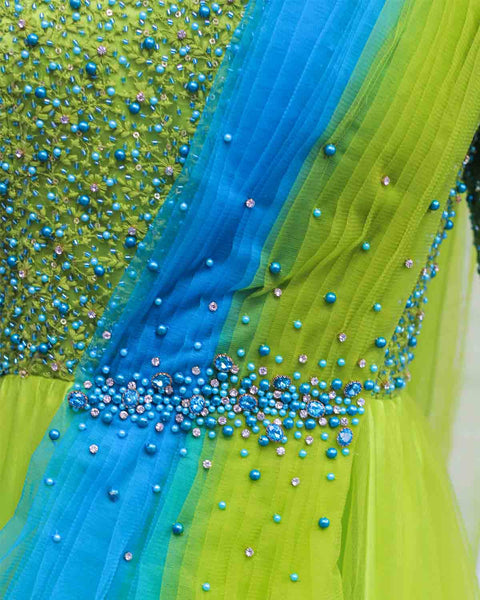 Pre-Order: Sea blue and green color gradient gown with draped dupatta