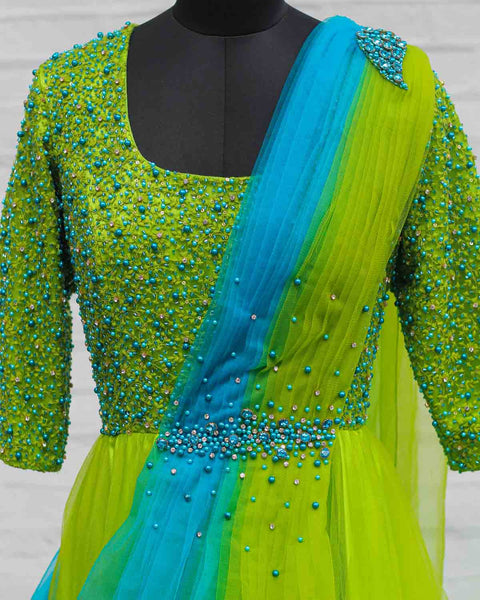 Pre-Order: Mom's Sea blue and green color gradient gown with draped dupatta