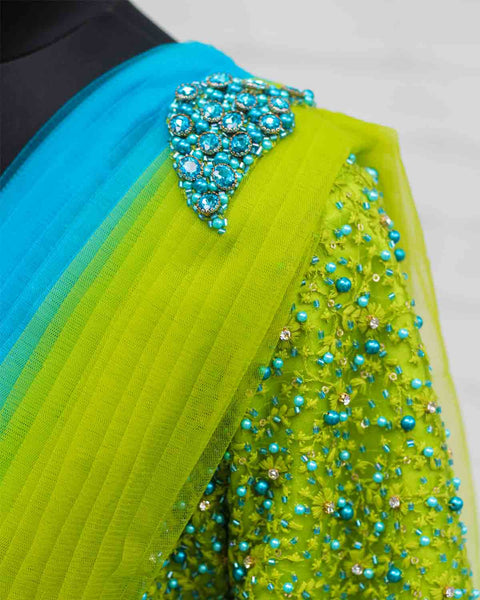 Pre-Order: Sea blue and green color gradient gown with draped dupatta
