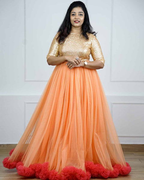 Pre-Order: Peach and Coral pink net gown with golden sequins yoke