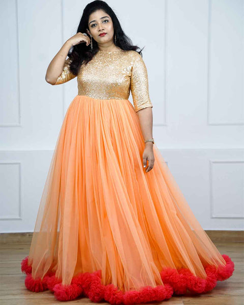 Pre-Order: Peach and Coral pink net gown with golden sequins yoke