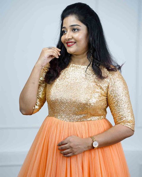 Pre-Order: Peach and Coral pink net gown with golden sequins yoke