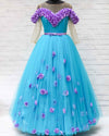 Pre-Order: Mom's blue gown in off-shoulder transparent sleeves with lavender handcrafted flowers