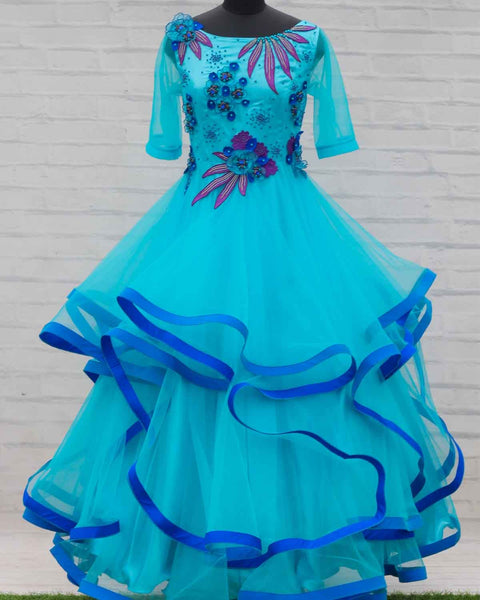 Pre-Order: Mom's Aqua blue and royal blue twirled long gown with purple and blue hand-crafted flower detailing