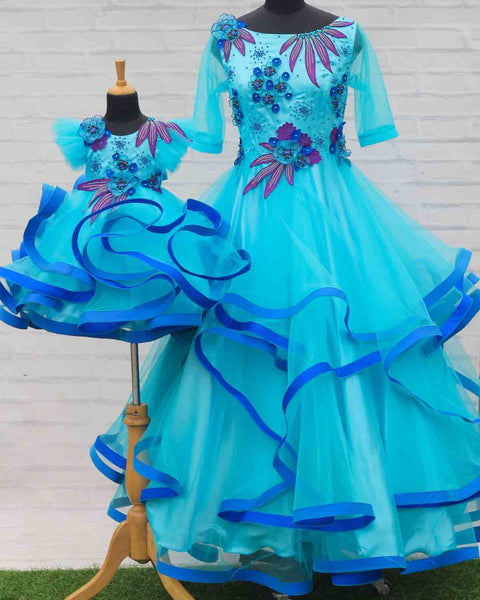Pre-Order: Mom's Aqua blue and royal blue twirled long gown with purple and blue hand-crafted flower detailing