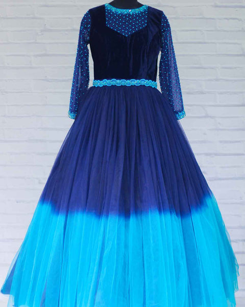Pre-Order: Mom's Royal Blue and Sea Blue Double Shaded Gown with Crystal and Bead Work Yoke and Full sleeve