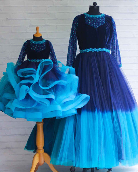 Pre-Order: Mom's Royal Blue and Sea Blue Double Shaded Gown with Crystal and Bead Work Yoke and Full sleeve