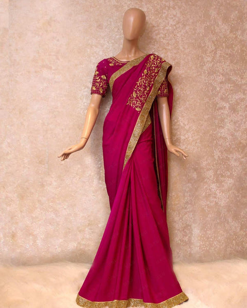 Pre-Order: Magenta Crape Silk Saree With Heavy Golden Hand Work