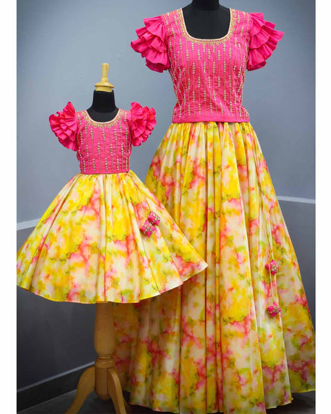 Pre-Order: Yellow and pink shibori printed skirt and hand worked fuchsia pink top