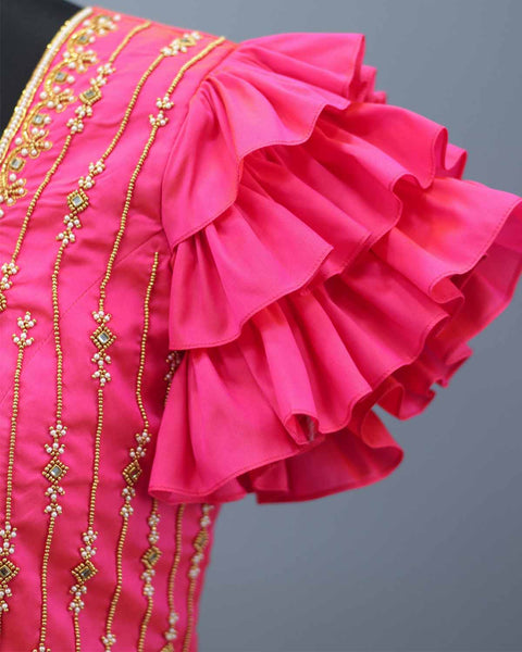 Pre-Order: Yellow and pink shibori printed skirt and hand worked fuchsia pink top