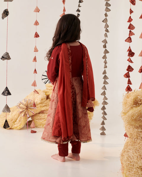 Pre-Order: Girl Floral Jaal Suit Set- Maroon