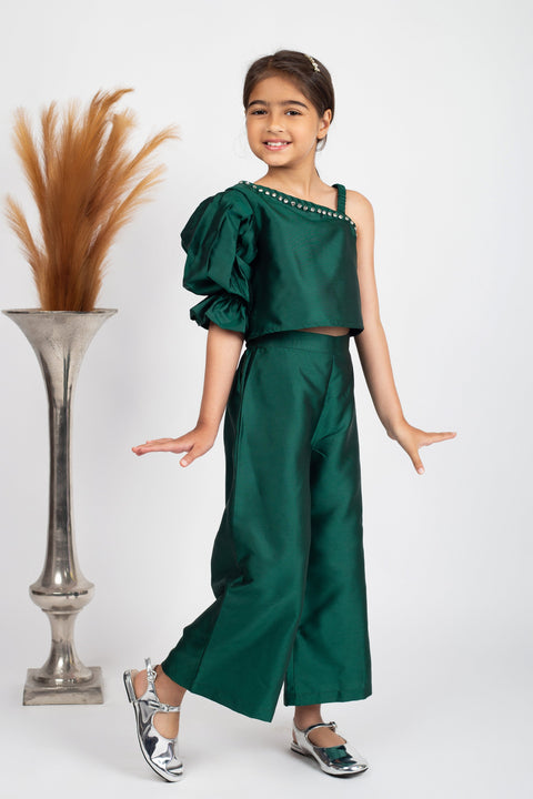 Silk Culotte Top set with Diamond embellished top-Green