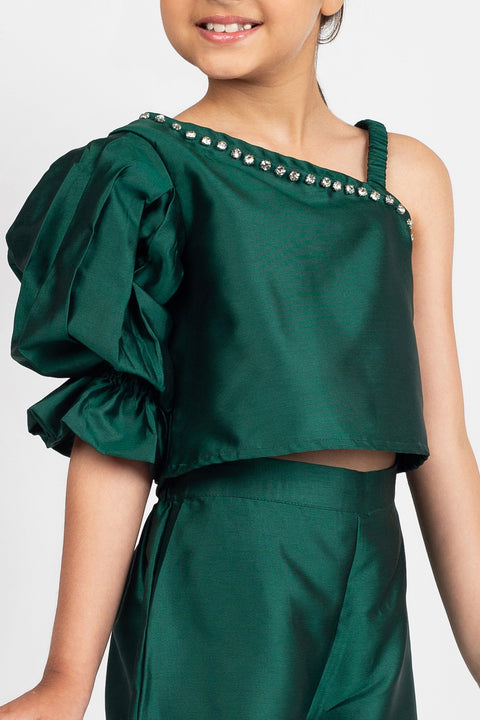 Silk Culotte Top set with Diamond embellished top-Green