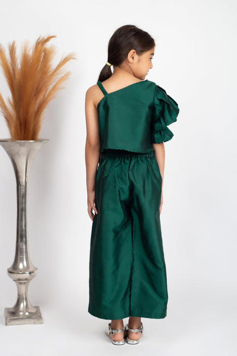 Silk Culotte Top set with Diamond embellished top-Green