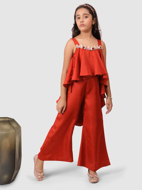 Asymetric jumpsuit with floral embelishment coral brown