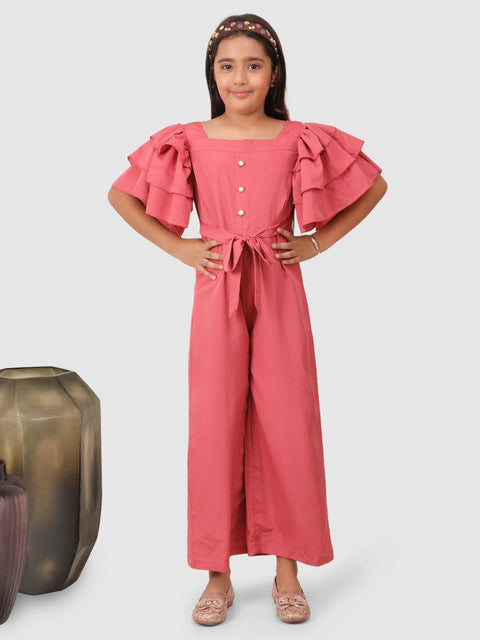 Layered Sleeve jumpsuit with pearl embelishment Pink