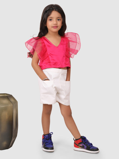 Ruffle Sleeve top with shorts Pink and White