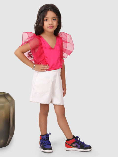 Ruffle Sleeve top with shorts Pink and White